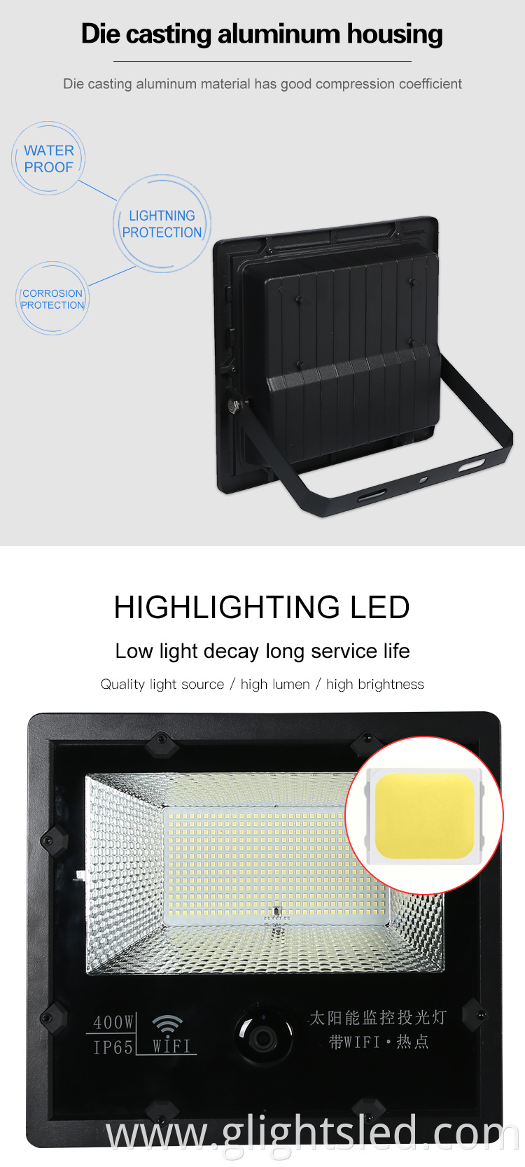 Security outdoor lighting ip65 waterproof 200watt 400watt solar surveillance camera led floodlight
